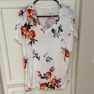 Floral V-Neck Blouse in White with Pink & Red Blooms